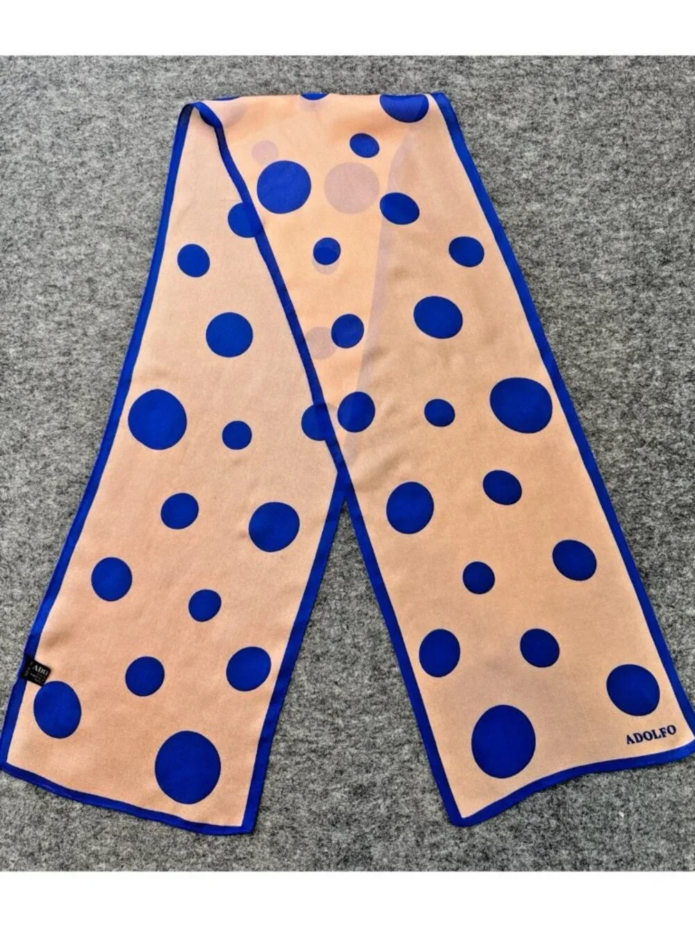 Vintage ADOLFO Silk Scarf, Polka Dots, Peachy Pink & Cobalt Blue 10